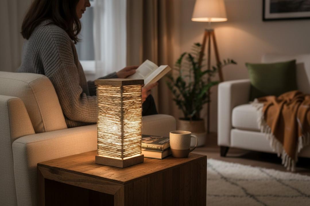 Drvena lampa sa kanapom od merantija — rustičan stil